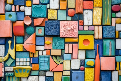 Colorful collection of small plastic fragments arranged on a dark background ...