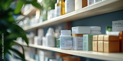 A soft focus image of a pharmacy shelf displaying various pharmaceutical products and containers