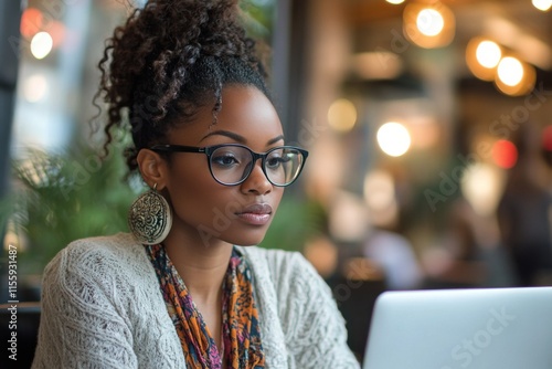 Woman using laptop in cozy cafe setting during afternoon