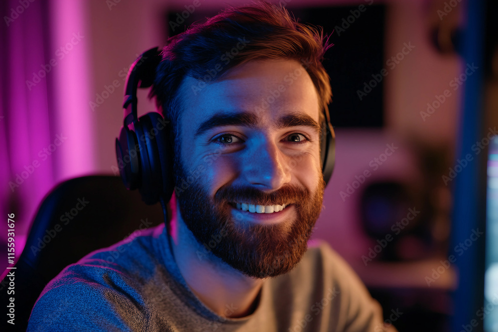 Fototapeta premium Generative AI portrait of a vibrant podcast host with mic headphones during live radio show