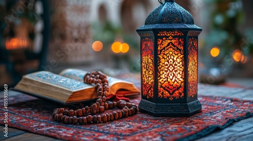 Intricate Quran on wooden table with prayer beads and decorative bowl