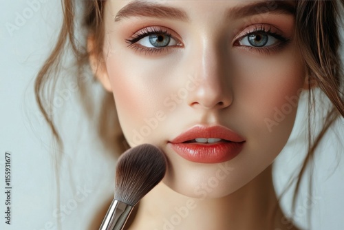 Makeup brush held by hand with blurred cosmetics in background on a bright co...