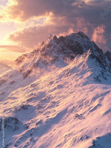 Snow covered mountain slope in last evening sunlight. Magnificent windy dusk on picturesque alpine ski resort, Dragobrat, Ukraine, Carpathian Mountains. People are unrecognizable.