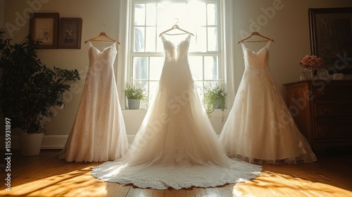 Beautiful wedding dresses displayed in soft natural light in a cozy boutique ...