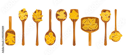 Italian style pasta and macaroni restaurant menu in tube pipe and spatula, delicious pasta vector illustration, flat cartoon style, hand-drawn signboard, suitable for menu, on white background.