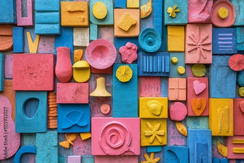 Colorful collection of small plastic fragments arranged on a dark background ...