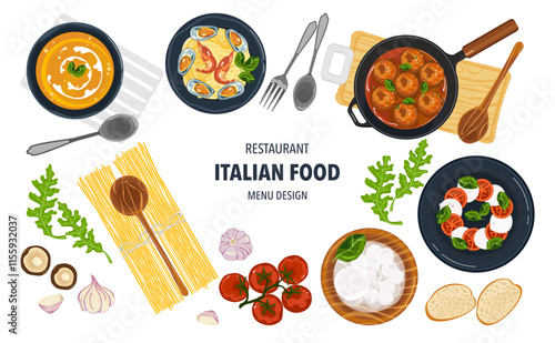 Set of vector banner illustrations with flat letters. Delicious food. Italian food, pasta, spaghetti, cooking from top view, recipes, menus, restaurants for food design, posters, and backgrounds.