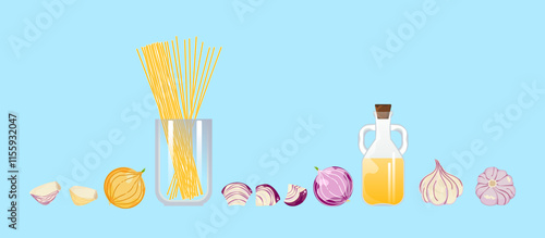 Italian style pasta and macaroni restaurant menu in a pipette, vegetables and spatula, delicious pasta vector illustration, cooking Flat cartoon style, hand drawn sign, suitable for menu, background.