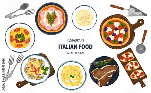 Set of vector banner illustrations with flat letters. Delicious food. Italian food, pasta, spaghetti, cooking from top view, recipes, menus, restaurants for food design, posters, and backgrounds.