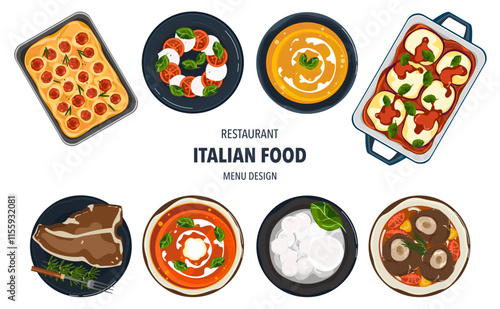 Set of vector banner illustrations with flat letters. Delicious food. Italian food, pasta, spaghetti, cooking from top view, recipes, menus, restaurants for food design, posters, and backgrounds.