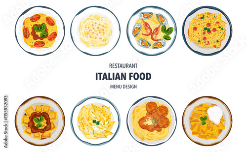 Set of vector banner illustrations with flat letters. Delicious food. Italian food, pasta, spaghetti, cooking from top view, recipes, menus, restaurants for food design, posters, and backgrounds.