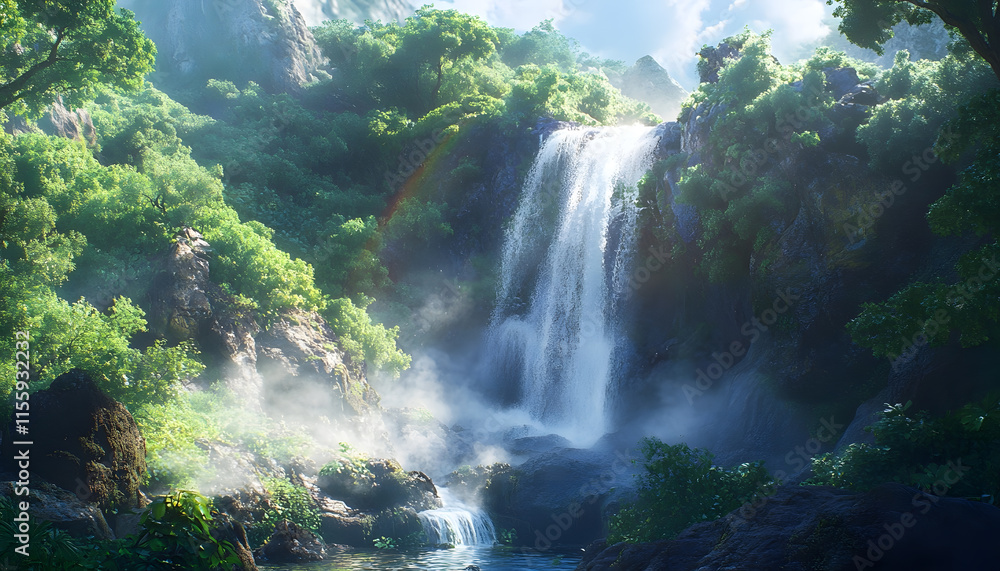 Serene Waterfall in Lush Green Forest Paradise Serene Waterfall in Lush Green Forest Paradise