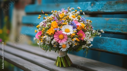 Colorful bouquet of wildflowers resting on a rustic wooden bench in a serene ...