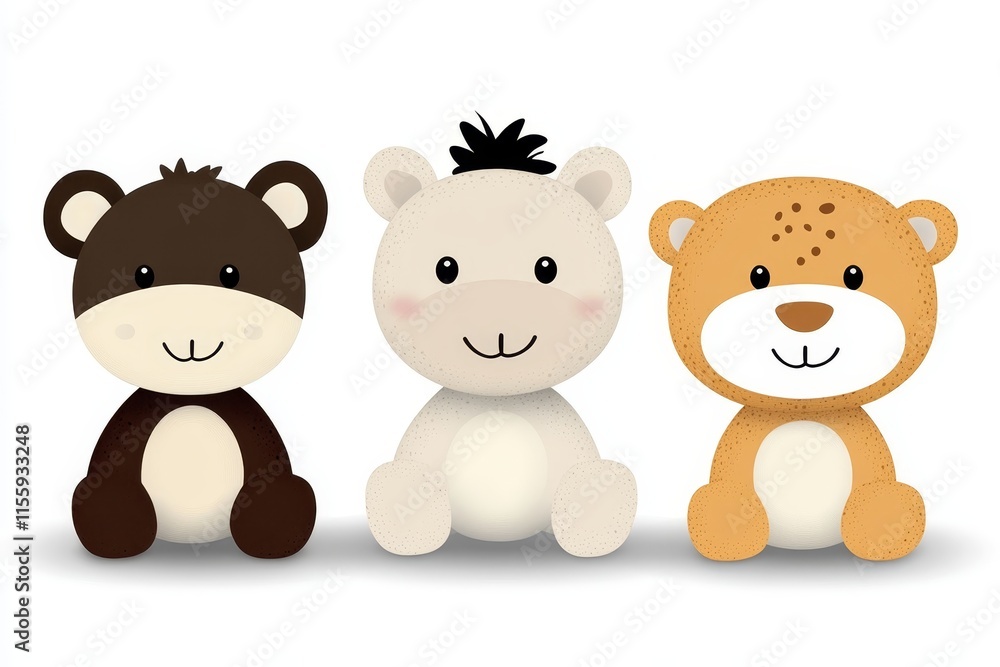 A group of three stuffed animals sitting next to each other A group of three stuffed animals sitting next to each other