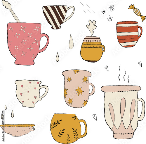 Hand drawn hot drinks set. Doodle coffee cups white background. Coffee, tea, cappuccino, espresso, latte, americano, hot chocolate. Vector illustration