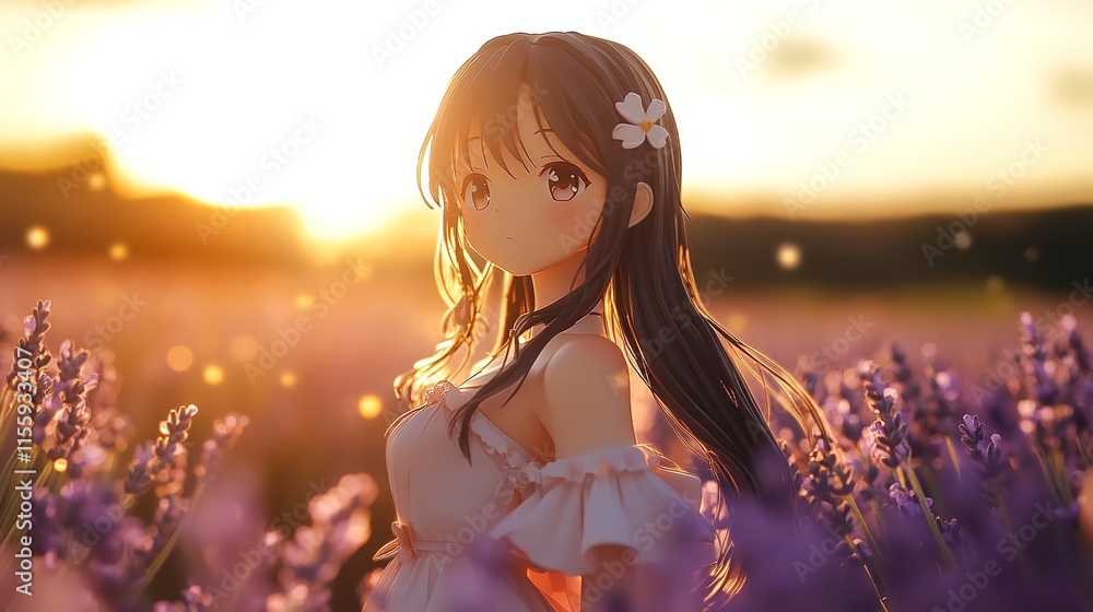 A graceful anime girl standing in a field of lavender at sun A graceful anime girl standing in a field of lavender at sun