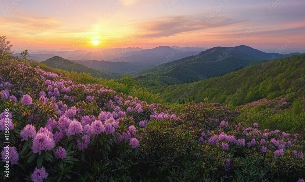 Sunset over the harbor with vibrant flowers framing the view of the mountains and city skyline Sunset over the harbor with vibrant flowers framing the view of the mountains and city skyline