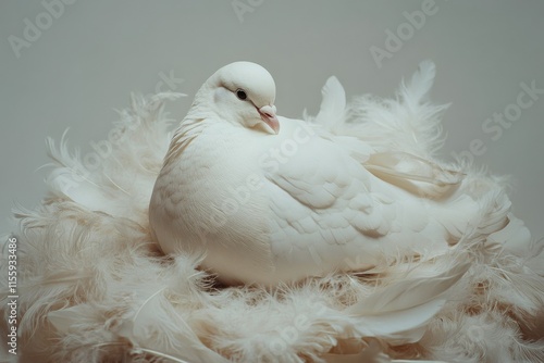 White dove resting on soft feathers in a serene indoor setting during bright ...