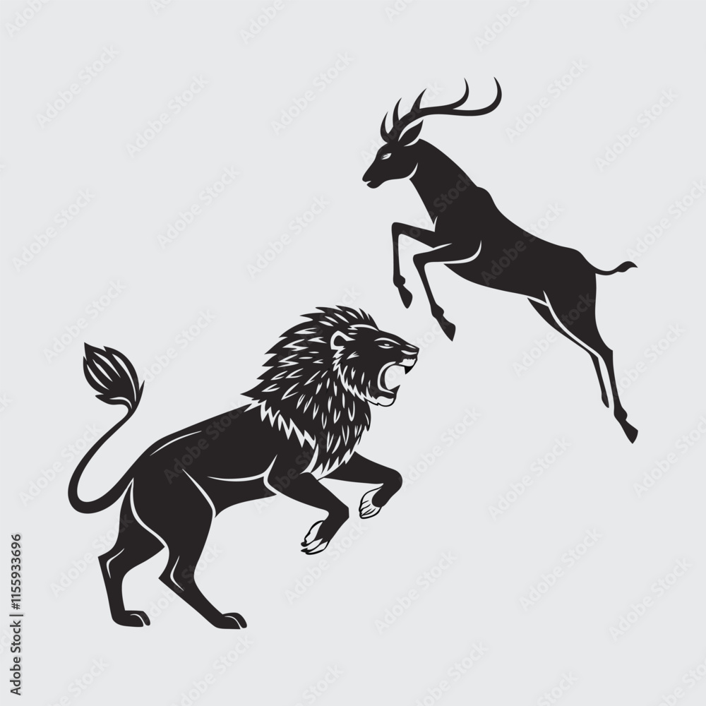 Obraz premium The-lion-is-chasing-the-deer image silhouette vector art and illustration