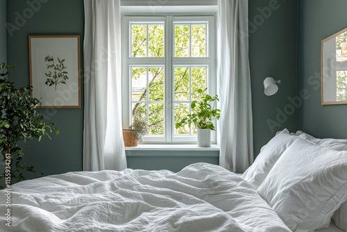 Cozy bedroom with inviting window and indoor plants in a serene setting