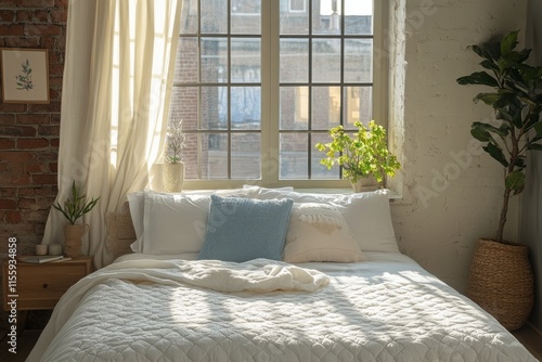 Cozy bedroom with inviting window and indoor plants in a serene setting
