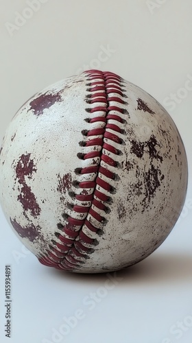 Worn baseball resting on a clean surface showcasing signs of numerous games p...