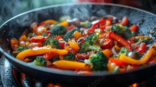 Colorful vegetables sizzling in a pan with steam rising in an indoor kitchen ...