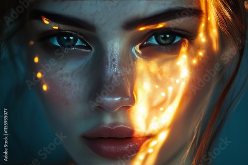 Close-up portrait capturing sunlight patterns on a young womans face with str...