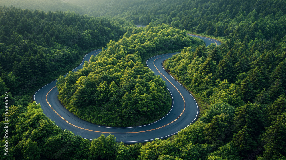 mesmerizing aerial view of a winding road cutting through a lush green forest, illuminated by streaks of car lights. Symbolizing the balance between nature and human movement, calm amidst chaos mesmerizing aerial view of a winding road cutting through a lush green forest, illuminated by streaks of car lights. Symbolizing the balance between nature and human movement, calm amidst chaos