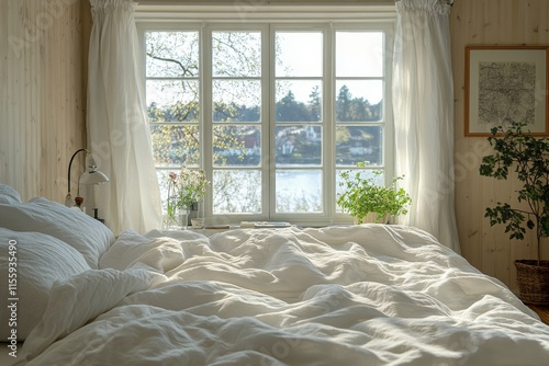Cozy bedroom with inviting window and indoor plants in a serene setting