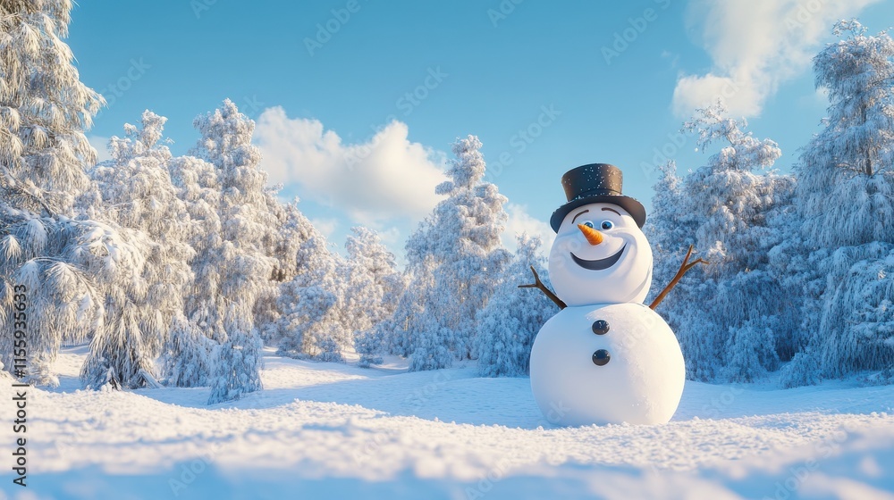 Obraz premium A cheerful snowman stands in a snowy forest under a clear blue sky.