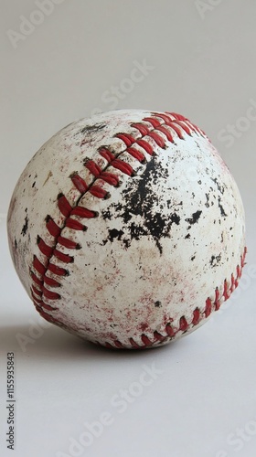 Worn baseball resting on a clean surface showcasing signs of numerous games p...