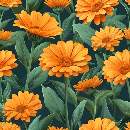 Charming Calendula Blooms in a Repeating Background with Cute Graphic Style