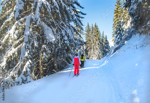 view on back to skiers on a ski slope crossing firs forest covered with snow in tarentaise ski resort french alps photo