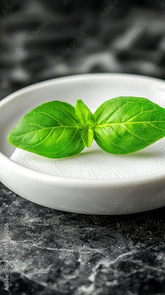 A white plate topped with a green leaf on top of a table A white plate topped with a green leaf on top of a table