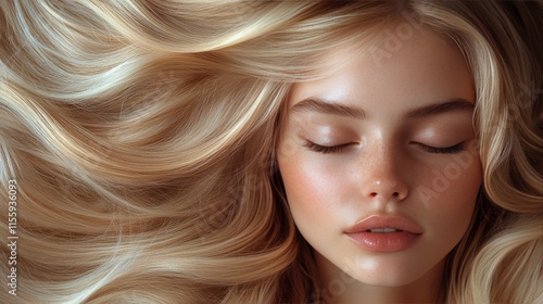 Beautiful woman with long flowing hair showcasing glossy locks in dramatic li...