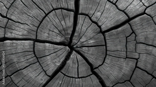 Close-up monochrome view of cracked tree stump cross-section.