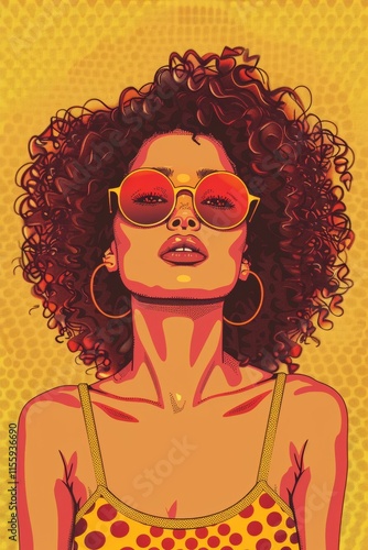 Colorful pop art illustration of a stylish female hipster with curly hair and retro sunglasses