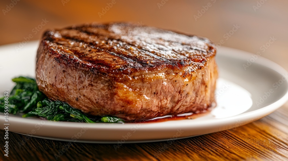 A steak on a white plate with greens on a wooden table A steak on a white plate with greens on a wooden table