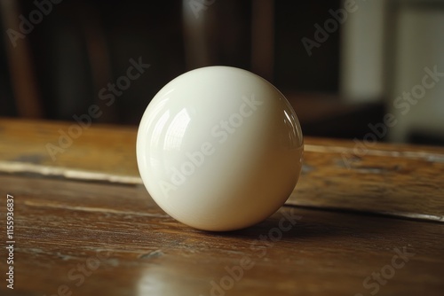 White spherical object resting on wooden surface with soft lighting and shado...