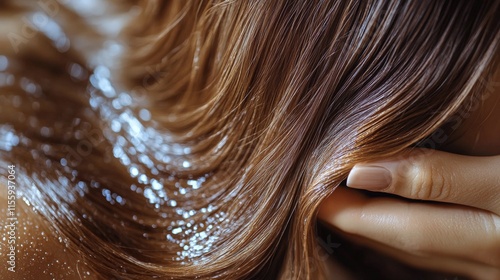 Beautiful woman with long flowing hair showcasing glossy locks in dramatic li...