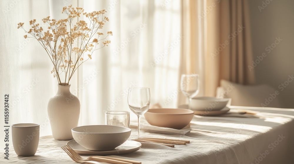 Fototapeta premium A minimalistic Valentine's Day brunch setting featuring a vase with dried flowers, elegant tableware, and soft natural light