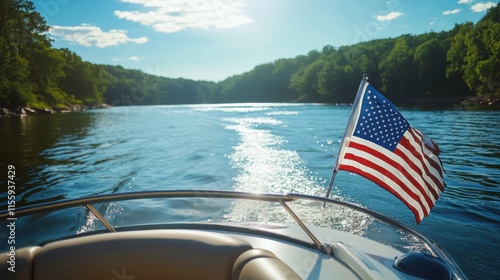 Fototapeta Naklejka Na Ścianę i Meble -  American flag on a boat sailing through a serene lake on a sunny day