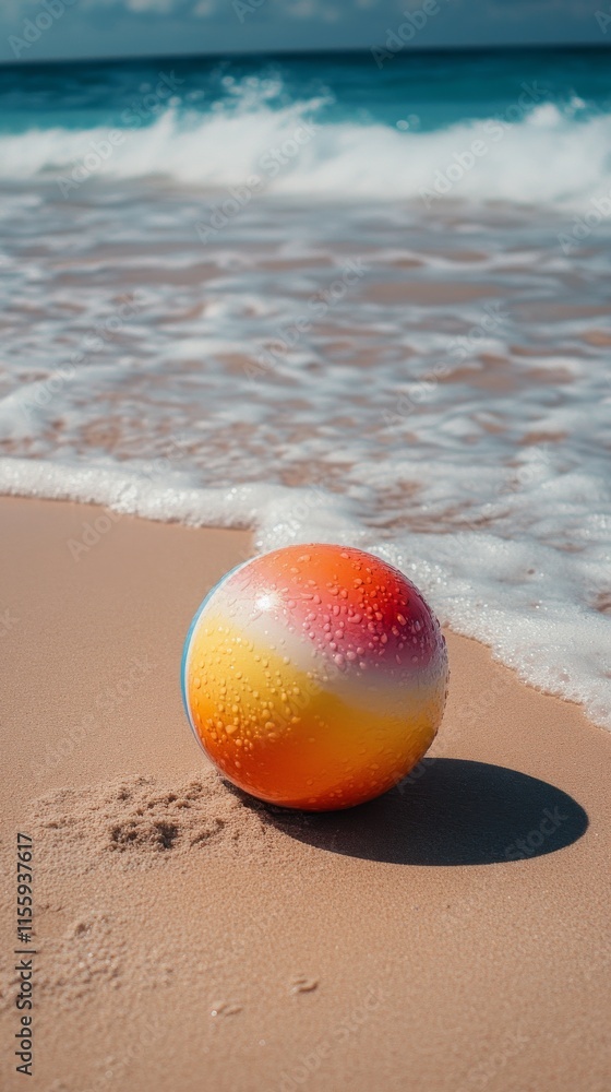 Obraz premium Colorful beach ball resting on sandy shore near ocean waves in bright sunlight