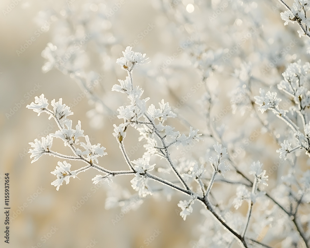 Close-up of frost-covered branches on a cold winter's day. The image showcases the intricate beauty of ice crystals on the plants.