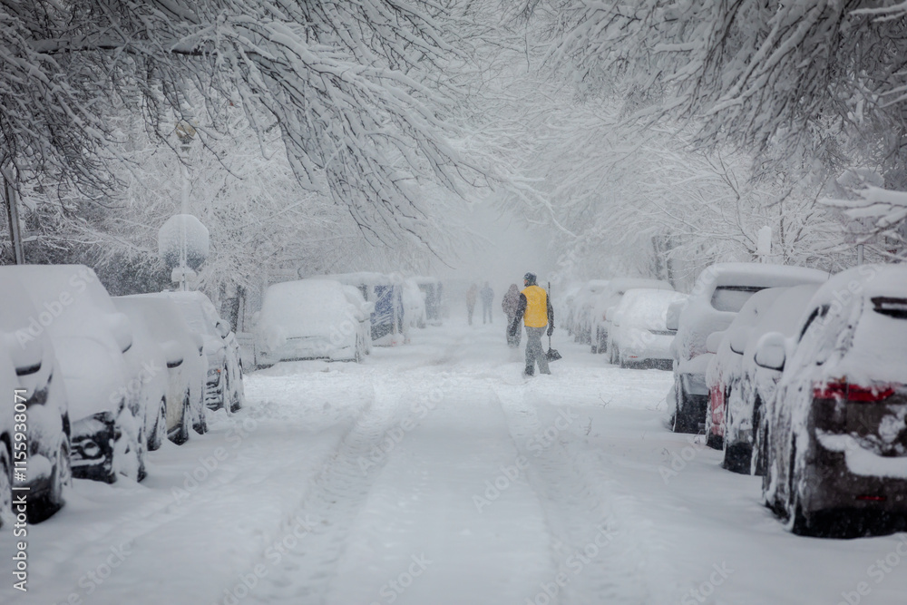 Fototapeta premium Winter Cityscape with several Cars parked in an urban Street covered in heavy Snow, one Man heading to his Car with Brush; Copy Space