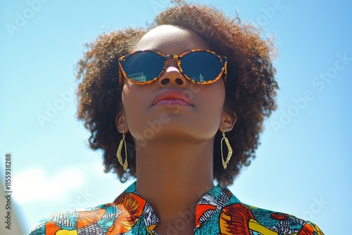 Confident woman wearing sunglasses and vibrant attire against a clear blue sky