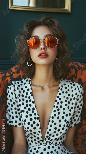 Young woman in polka dot dress poses with pink sunglasses against vibrant blu...