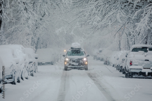 Front View of SUV Car driving through urban City during heavy Snowfall. Street, Cars and Trees covered in heavy Snow; Copyspace