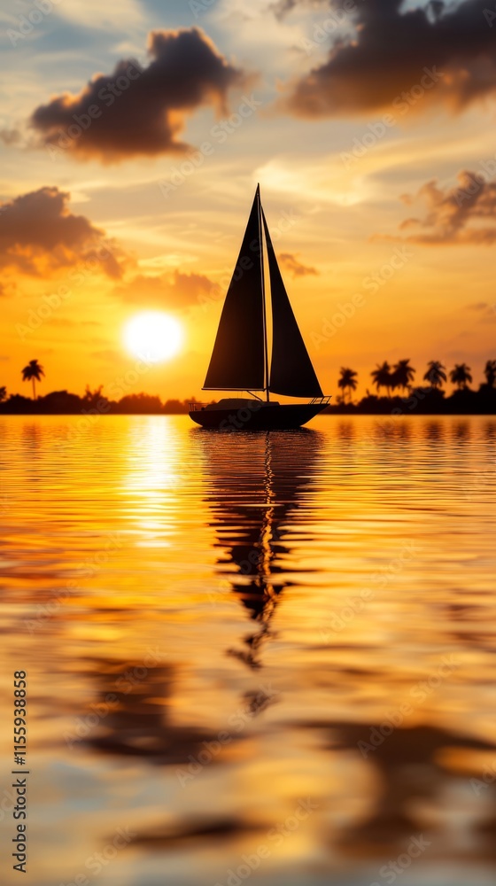 Fototapeta premium A sailboat floating in the ocean at sunset with palm trees in the background